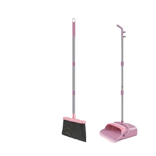 Upright Broom and Dustpan Set - Long Handle for No-Bending Comfort, 3 Rows Dense Bristles for Deep Sweeping, Suitable for Home, Office, Kitchen, Lobby, Shop, Indoor & Outdoor Spaces, Pink & Purple - color: Pink & Purple