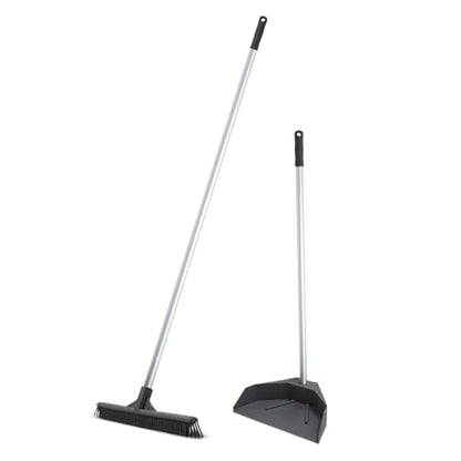 Superio Silicone Dust Pan with 35" Aluminum Long Handle & 16 Pet Hair Remover Silicone Broom - Lobby Dustpan Stand-Up & Carpet Rake Set for Hardwood, Tile, and Rugs - Gray - style: Dustpan with Broom