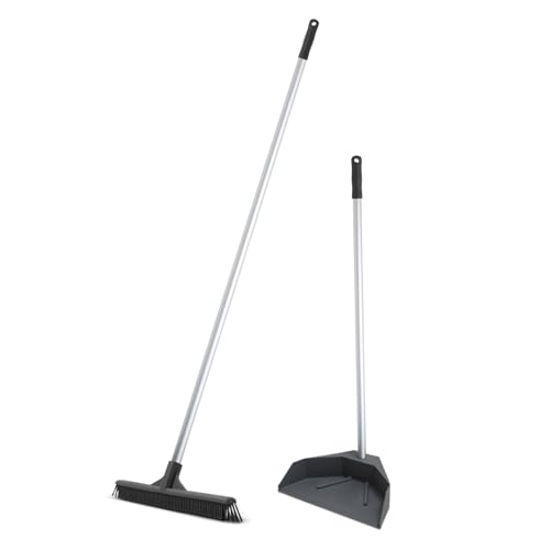 Superio Silicone Dust Pan with 35" Aluminum Long Handle & 16 Pet Hair Remover Silicone Broom - Lobby Dustpan Stand-Up & Carpet Rake Set for Hardwood, Tile, and Rugs - Gray - style: Dustpan with Broom