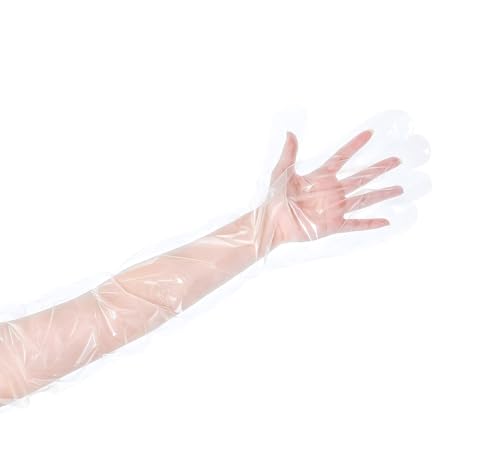 100pcs Long Disposable Plastic Gloves for Cleaning - Elbow Length Durable Plastic Gloves, Long Sleeve Protective Gloves for Medical, Farm & Household Cleaning