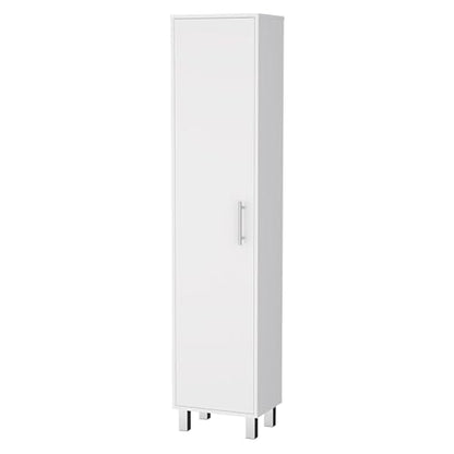Tall Storage Cabinet, Slim Broom Closet with Single Door, 5-Tier Cabinet, 3 Broom Hangers, Modern White, Melamine Finish - color: White
