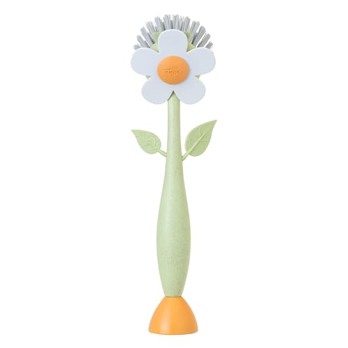 Vigar Florganic Dish Brush with Handle & Built-in Stand - Daisy-Shaped Kitchen Scrub Brush for Dishes and Sink Cleaning, Non-Stick Safe Soft Nylon Bristles, Pot Scrubber, Dishwasher Safe – Multicolor
