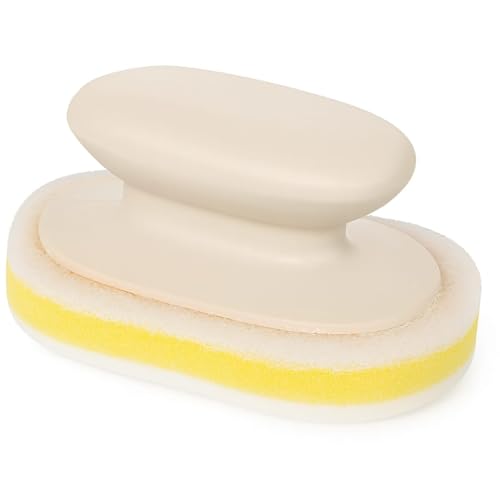 Sponge Cleaning Countertop Brush with Handle, Multifunctional Kitchen and Bathroom Cleaning Brush, Scouring Pad, Non-Scratch Scrubbing Pad,Dishwashing (White) - color: White
