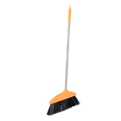 FAVOMOTO Soft Bristle Angle Broom for Floor Sweeping and Pet Hair Removal, Wide Angle Garage and Courtyard Broom with Orange Handle, Heavy Duty Household Cleaning Tool for Indoor