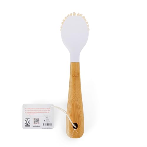 Full Circle Daily Dish Brush-Bamboo Handle Dish Brush–Sustainable Kitchen Cleaning with Tough Bristles-Natural Dish Scrubber,Nonstick & Cast Iron Cleaner-Long Handle Brush for Dishes,Pots,and Pans - color: White