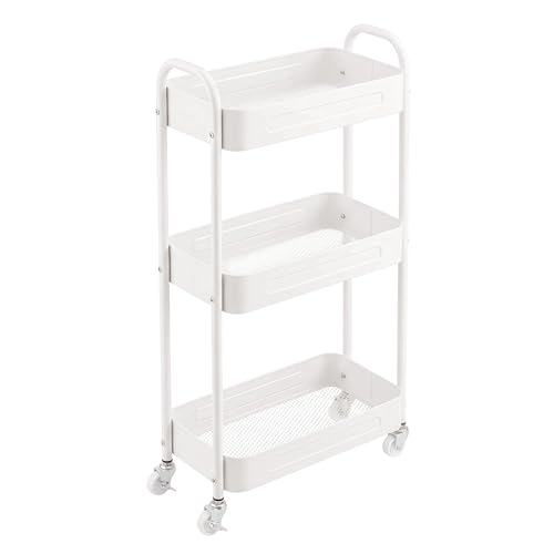 3 Tier Narrow Rolling Storage Cart for Laundry Room Bathroom Kitchen, 7.1'' Slim Utility Cart with Wheels and Lockable Casters Standing Shelf for Small Space & Between Washer and Dryer, White - color: White, size: 3 Tier