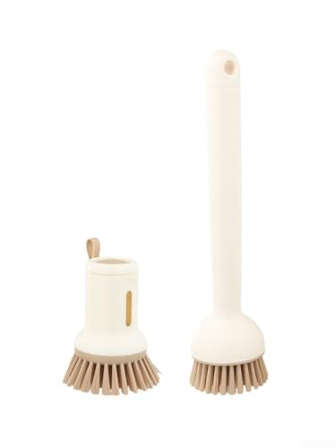 2-Pack Kitchen Cleaning Brushes with Soap Dispenser & 360° Rotating Long Handle – Silicone and PET Dishwashing Tools for Pots, Pans, Sinks, Countertops, Stoves, Tiles, and Cutting Boards Yellow - color: Beige