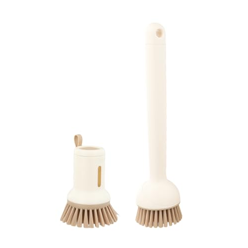 2-Pack Kitchen Cleaning Brushes with Soap Dispenser & 360° Rotating Long Handle – Silicone and PET Dishwashing Tools for Pots, Pans, Sinks, Countertops, Stoves, Tiles, and Cutting Boards Yellow - color: Beige