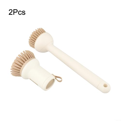 2-Pack Kitchen Cleaning Brushes with Soap Dispenser & 360° Rotating Long Handle – Silicone and PET Dishwashing Tools for Pots, Pans, Sinks, Countertops, Stoves, Tiles, and Cutting Boards Yellow - color: Beige