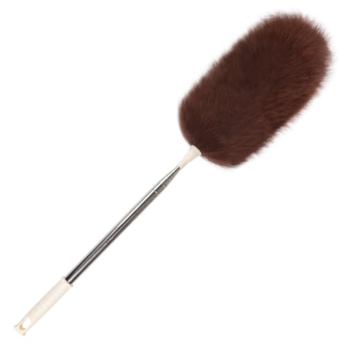 Extendable Lambswool Duster Stainless Steel Handle 133" Removable Feather Duster for Cleaning Ceiling Fans Interior Roof Furniture, Brown - color: Brown, size: 30-133 Inch