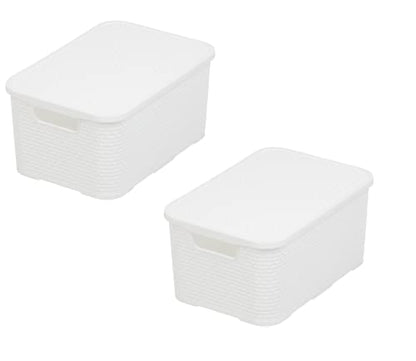BranQ Home essential Basket with Lid in Rattan Design, Set of 2, Size M, 19 L, BPA-Free Plastic PP, White, 28.8 x 19.7 x 16.2 cm, Pack of 2 - color: White, size: 19 l