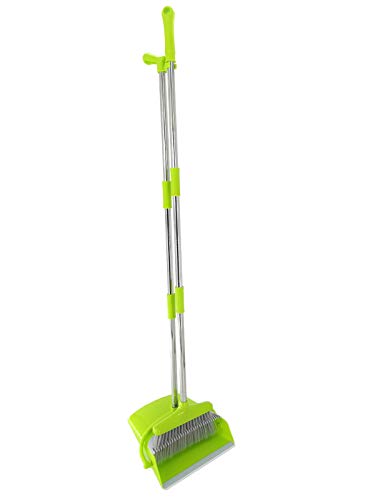 Extendable Long Handle Broom and Dustpan Set, Stainless Lightweight Upright Standing Broom and Dustpan Combo for Kitchen Lobby Office Living Room Household Indoor or Outside (Green) - color: Green