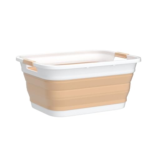 SAMMART 41L (10.8 gallon) Collapsible Plastic Laundry Basket - Foldable Pop Up Storage Container/Organizer - Portable Washing Tub - Water capacity: 32L (8.4 gallon) (Rectangular, White/Beige) - color: White/Beige