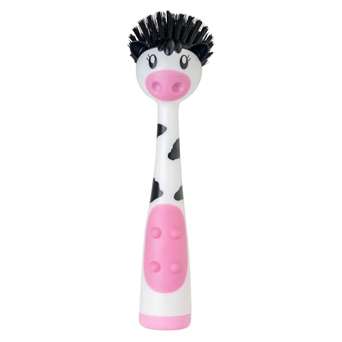 Vigar Soap Dispensing Dish Brush - Moo Cow-Shaped, Dish Brush with Handle and Soap Dispenser, Dish Scrub Brush for Dishes, Pot Scrubber, Sink Scrubber, Kitchen Brush, Kitchen Essentials - White, Black - color: Moo Cow