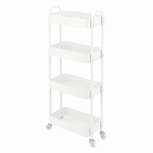 4 Tier Slim Kitchen Storage Cart for Narrow Space, 7.1'' Wide Metal Rolling cart with Wheels and Lockable Casters, Sturdy Mobile Thin Shelf for Laundry Room Between Washer and Dryer, White - color: White, size: 4 Tier