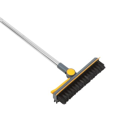 TIDTALEO Bathroom Floor Scrubber Brush with Long Handle, Dual-Function Hard Bristle Scrub and Stainless Steel Squeegee, Blue-Yellow Upgrade for Shower and Tile Cleaning