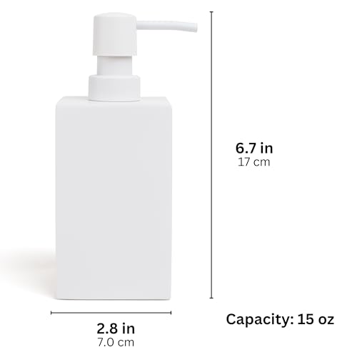 Matte White Square Soap Dispenser for Kitchen & Bathroom – 15 oz Refillable Resin Pump Bottle for Dish Soap, Hand Soap, Shampoo, Conditioner – Modern Countertop Dispenser with Non-Slip Protective Pads - color: White, style: Square Soap Dispenser