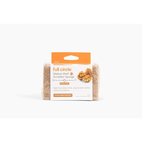 Full Circle Walnut Scrubber Sponges, Pack of 2 – Dual-Sided, Plant-Based & Recycled Kitchen Sponges, Gentle on Nonstick Cookware - size: Walnut Sponge 2pk