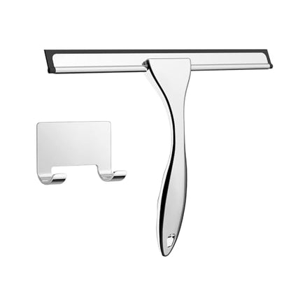 All-Purpose Stainless Steel Shower Squeegee - Shower Glass Door with Adhesive Hooks, Bathroom Cleaner Tool Household Window Mirror Squeegee, Cleaning Tile Wall, Car, 10 Inch Silver