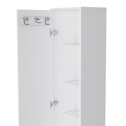 Tall Storage Cabinet with Single Door and 3 Broom Hangers Modern Floor Standing Cabinet for Kitchen Bathroom Laundry Room 70.87" Height White