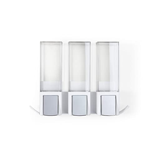 Better Living Clever Triple Shower Dispenser 3 Chamber, Wall Mount Shower Soap Dispenser for Bathroom Hotel Body Wash, Storage Hooks, No Drill, Waterproof Shampoo Soap Dispenser Pump, 3 x 17 oz, White - color: White/Chrome, style: Triple Dispenser