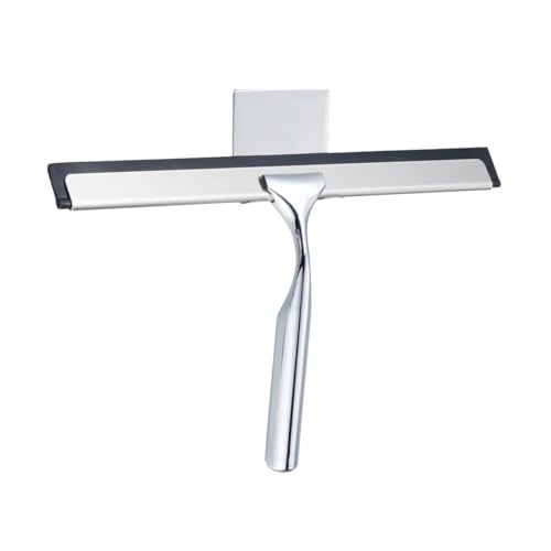 J&V TEXTILES All-Purpose Stainless Steel Shower Squeegee for Glass Doors with Adhesive Hooks, Squeegee for Shower Glass, Bathroom Household Cleaner Tool, 10 Inch (Silver) - color: Silver