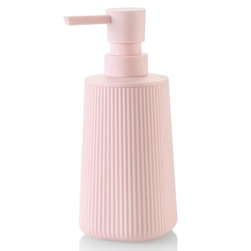 Small Soap Dispenser for Bathroom and Kitchen, Modern Farmhouse Striped Style Plastic Hand Soap Dish Soap Dispenser with Pump Matte Pink for Girls - color: Light Pink
