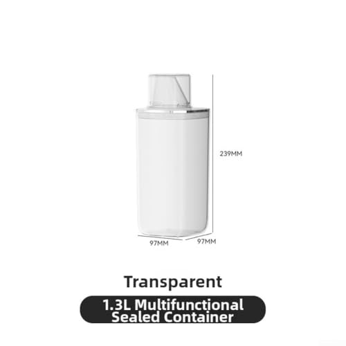 Transparent sealed laundry detergent canister with reflow design and graduated markings, constructed from PET material for organized and mess storage of laundry additives (1.3L) - size: 1.3L