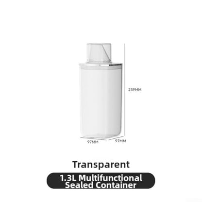 Transparent sealed laundry detergent canister with reflow design and graduated markings, constructed from PET material for organized and mess storage of laundry additives (1.3L) - size: 1.3L