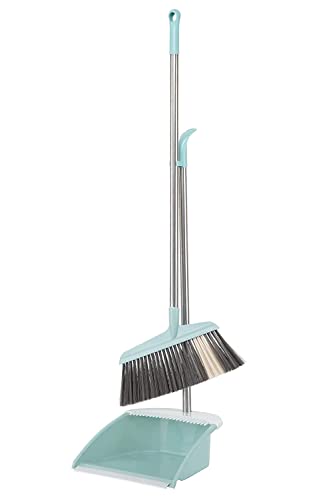 Broom and Dustpan Set for Home,Long Handle Broom with Upright Standing Dustpan,Broom and Dustpan Combo for Office Home Kitchen Lobby Floor Cleaning