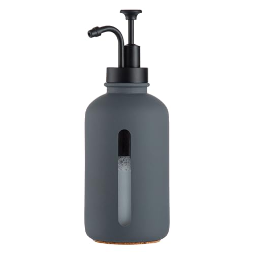 Enra Glass Soap Dispenser with Window, 17oz Dark Gray Stainless Steel Hand Pump for Bathroom Kitchen - Countertop Lotion Bottle (Dark Gray-Round-Liquid) - color: Dark Gray-round-liquid
