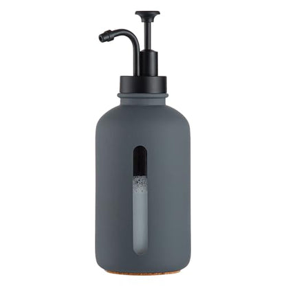 Enra Glass Soap Dispenser with Window, 17oz Dark Gray Stainless Steel Hand Pump for Bathroom Kitchen - Countertop Lotion Bottle (Dark Gray-Round-Liquid) - color: Dark Gray-round-liquid