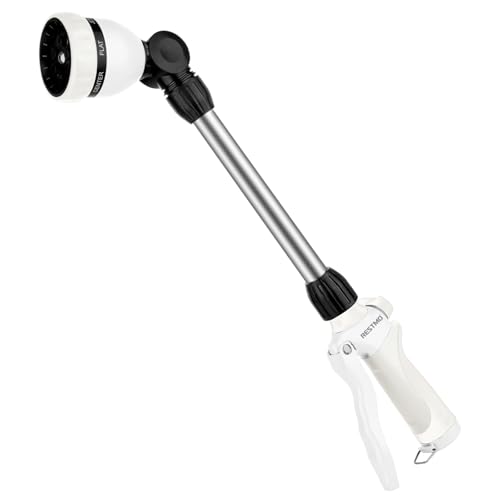 RESTMO Metal Watering Wand, Heavy Duty Garden Hose Wand with 180° Swivel Ratcheting Head, 16'' Hose Nozzle Sprayer with 7 Spray Patterns and Flow Control, for Water Hanging Baskets and Shrubs, White - color: White