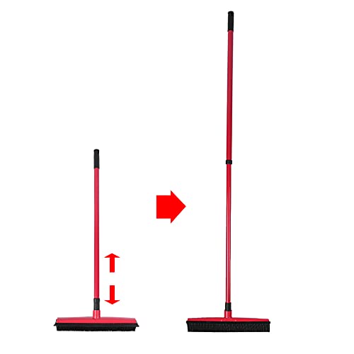 Pet Hair Remover Broom and Rubber Lint Brush Combo Telescopic Handle 26.8 to 47.2 Inches for Dog and Cat Fur Removal Carpet and Hardwood Floor Cleaning Washable Durable Blue Red (Red) - color: Red
