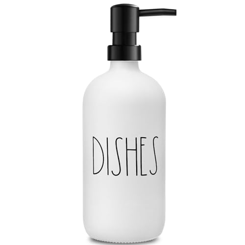VIMERPA Dish Soap Dispenser, Matte White Soap Dispenser for Kitchen, Glass Dishes Soap Dispenser with Plastic Pump, 17 Fl Oz Refillable Liquid Soap Bottle Container, Farmhouse Kitchen Decor - color: White Dishes, size: 1 Pack