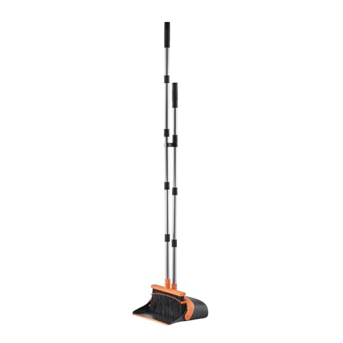 VEVOR Broom and Dustpan Set, Heavy Duty Dustpan and Broom Combo with Self-Cleaning Teeth, Metal Upright Standing Dust Pan with Long Handle, Ideal for Home, Restaurant, Office, Dorm, Black+Orange