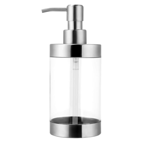Dish Soap Dispenser Stainless Steel Case Acrylic Liner Hand Pump Dispenser Shatterproof and Leakproof Refillable Liquid Hand Soap Dispenser for Bathroom & Kitchen (10OZ/300ML)