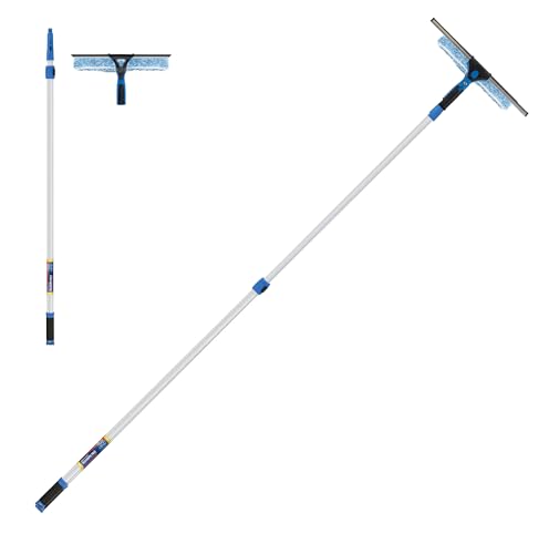Unger Professional 2-in-1 Squeegee and Scrubber, 14” Window Cleaning Tool and 8’ Connect & Clean Pole, Essential Glass Supplies for Commercial and Residential Use, Microfiber Sleeve