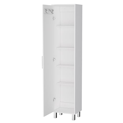 Tall Storage Cabinet, Slim Broom Closet with Single Door, 5-Tier Cabinet, 3 Broom Hangers, Modern White, Melamine Finish - color: White