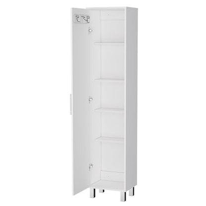 Tall Storage Cabinet, Slim Broom Closet with Single Door, 5-Tier Cabinet, 3 Broom Hangers, Modern White, Melamine Finish - color: White