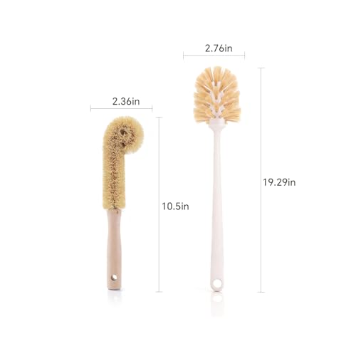 2-Piece Kitchen Brush Set - Includes 1 Plastic Handle Ponytail Cup Brush & 1 Wooden Handle Coconut Scrubber - Cleaning Kit for Bottles & Pots - size: 2 Piece Set - Cup Brush + Scrubber