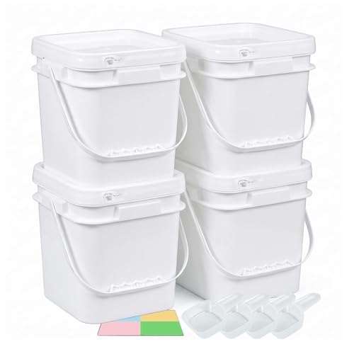 DEMORA 1Gallon Food Grade Square Plastic Bucket with Lid, Airtight Storage Container, Reusable Pail for Kitchen Food Water Ice Cream Household Use (White, 4Pcs) - color: White