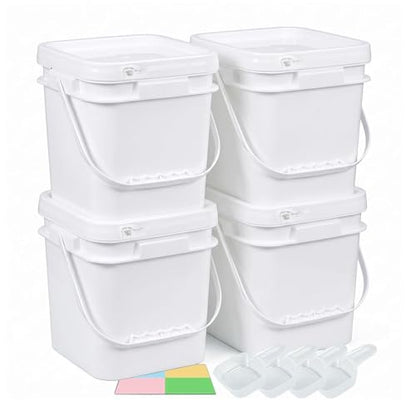 DEMORA 1Gallon Food Grade Square Plastic Bucket with Lid, Airtight Storage Container, Reusable Pail for Kitchen Food Water Ice Cream Household Use (White, 4Pcs) - color: White