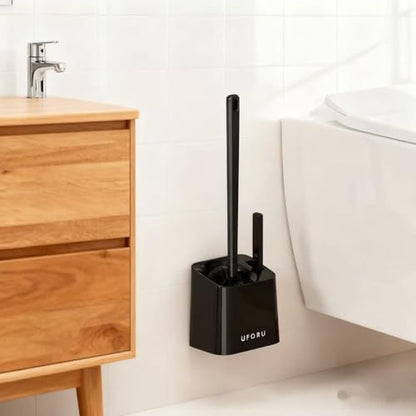 Wall-Mounted Toilet Brush Set，Installs On Floors Or Walls Without Drilling，Features a Compact,Drip-Proof Base for Deep Cleaning Inside The Toilet Bowl (Black)
