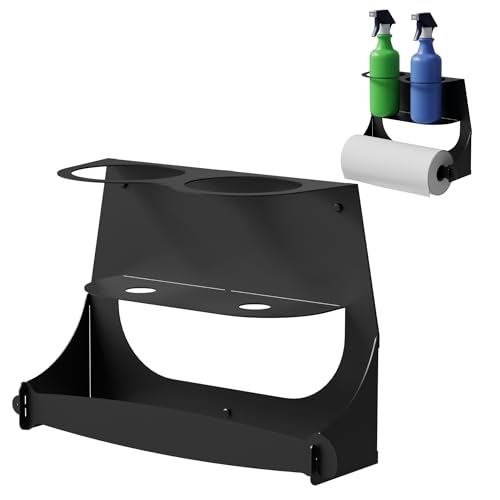 Koova Spray Bottle & Paper Towel Rack Heavy Duty- Wall Mount Storage for 2 Spray Bottles and Paper Towel Roll Utility Organizer Hardware Included - Made in USA Sturdy Metal Holder for Home and Garage