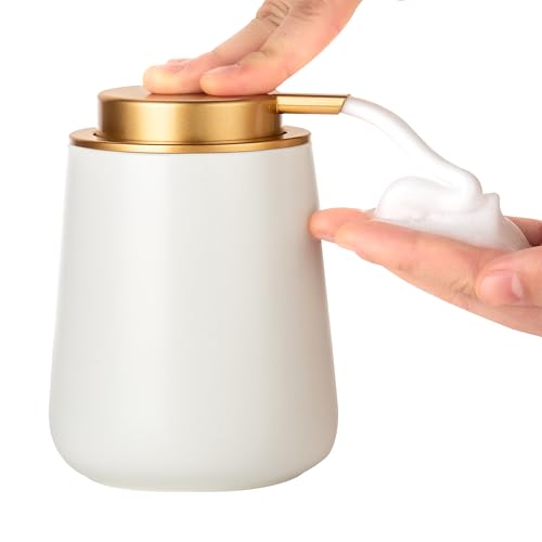 Enra Foaming Soap Dispenser,12 oz Beige Ceramic Modern Foam Hand Soap Dispenser for Bathroom,Kitchen with Easy-to-Press Pump (White Foam Gold Pump) - color: Foam-white-gold Pump