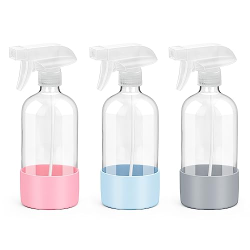 Rionisor Glass Spray Bottles with Silicone Sleeve Protection, Empty 16 oz Refillable Containers, Reusable Spray Bottles with Adjustable Nozzle for Hair, Cleaning Solutions, 3 Pack Grey&Blue&Pink - color: Grey&Blue&Pink, style: 3 Pack