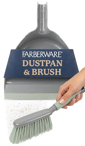 Farberware Handheld Broom and Dustpan Set with Rubber Lip – Small Dust Pan and Brush Set for Kitchen Crumbs, Cat Litter, Compact Hand Broom with Soft Grip Handle for Home Cleaning - color: Sage