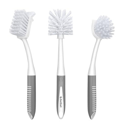 SetSail Dish Brush Set of 3 Piece, Dish Scrub Brush with Long Handle Deep Cleaning Brush with Scraper Tip for Kitchen Dishes Bottle Cup Pot Pan, Grey - color: Gray