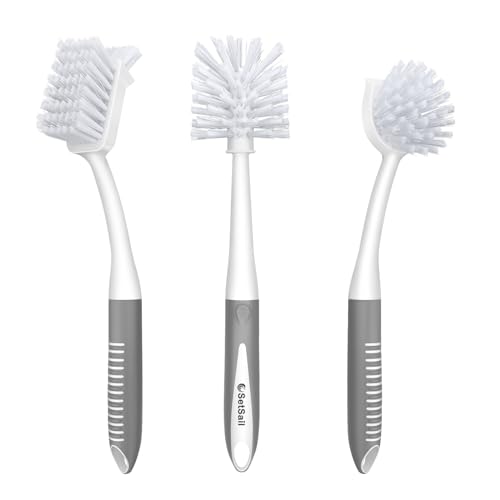SetSail Dish Brush Set of 3 Piece, Dish Scrub Brush with Long Handle Deep Cleaning Brush with Scraper Tip for Kitchen Dishes Bottle Cup Pot Pan, Grey - color: Gray